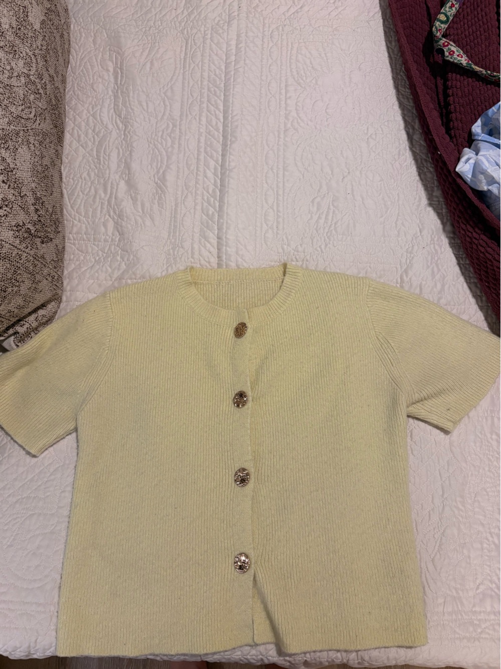 Short-Sleeve Knit Cardigan Sweater in Pale Yellow